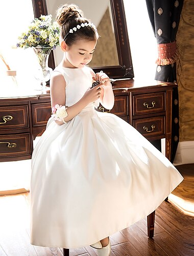  A-Linie Knöchellänge Blumenmädchenkleid Erstkommunion Mädchen Süßes Ballkleid Satin mit Schleife(n) Elegant Fit 3-16 Jahre