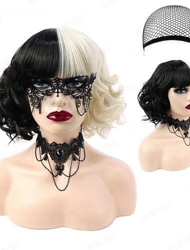  γοτθική περούκα rebcass συνθετική περούκα cosplay cruella loose curl bouncy curl bob με προσεγμένη περούκα μαύρα / χρυσά συνθετικά μαλλιά για γυναίκες ανθεκτικό στη θερμότητα δωρεάν καπάκι 14 ιντσών