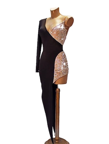  Платье для латиноамериканских танцев сальсы, костюмы со стразами, женские тренировочные костюмы для выступлений, вечерние, с длинными рукавами, высокий спандекс/на одно плечо