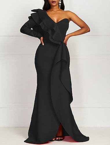  Nixe Abendkleid Elegantes Kleid Formeller Abend Bodenlangen Langarm Eine Schulter Herbsthochzeitsgast Stretchstoff mit Rüschen einfarbiges Maskerade Kleid 2025