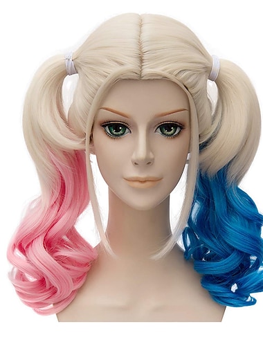  Pelucas de cola de caballo probeauty de harley quinn peluca cosplay sintética ondulada de cola de caballo azul rosa rubia (mezcla rubia azul rosa larga)