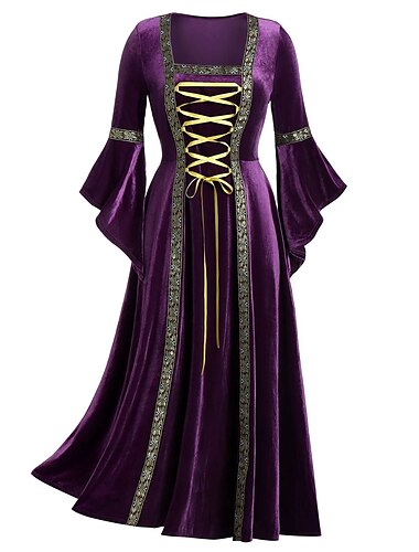  Mittelalterlich Renaissance Vintage-Kleid Maxi Kleid Ren Faire Glockenärmel Hexe Wikinger Hexen Bauchkontrolle Einfarbig Quadrathals Damen Keltisch königlich Walpurgisnacht Halloween Karneval