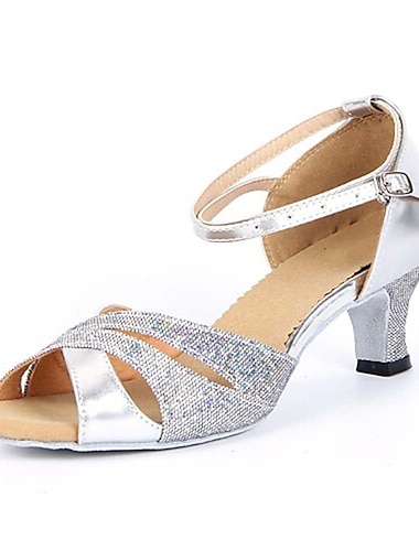  Mujer Zapatos de Baile Latino Salón Zapatos de Salsa Baile en línea Zapatos brillantes Sandalia Brillante Tacón Cuadrado Hebilla Plata Azul Oro / Brillantina / Ante / Brillantina