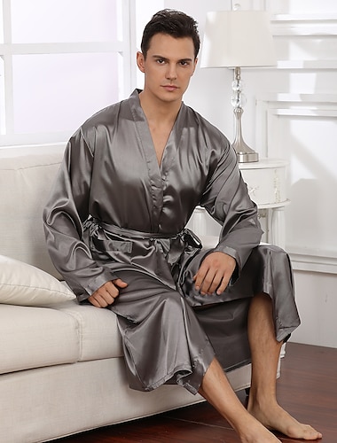  Hombre Talla Grande Pijamas Túnica Bata de seda Pijama Color puro Moda Lujo Hogar Cama Spa Seda sintética Satén Comodidad Manga Larga Invierno Otoño Negro Vino Tinto