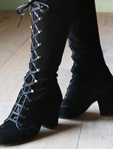  blaue kniehohe Damenstiefel mit Blockabsatz zum Schnüren für Mode und Freizeit