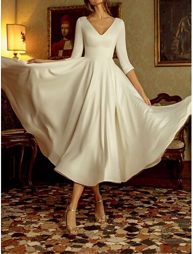 Réception Vintage Années 1940  1950 Petite Robe Blanche Robe de Mariée Robes de Mariée A-Line Col V Manches 3/4 Longueur Thé Satin Robes de Mariée Avec Plis  2025