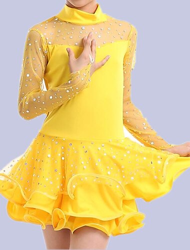  Λάτιν Χοροί Παιδικά Ρούχα Χορού Φόρεμα Καθαρό Χρώμα Παγιέτες Τούλι Κοριτσίστικα Επίδοση Μακρυμάνικο Ελαστίνη Τούλι