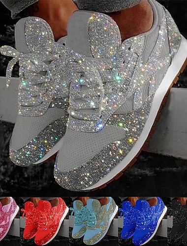  Women's Trainers Athletic Shoes Sneakers Bling Bling Shoes Sequins Bling Bling Sneakers Outdoor Daily Sequin Platform Flat Heel Round Toe Sporty Classic Casual Walking Glitter Mesh Lace-up Silver