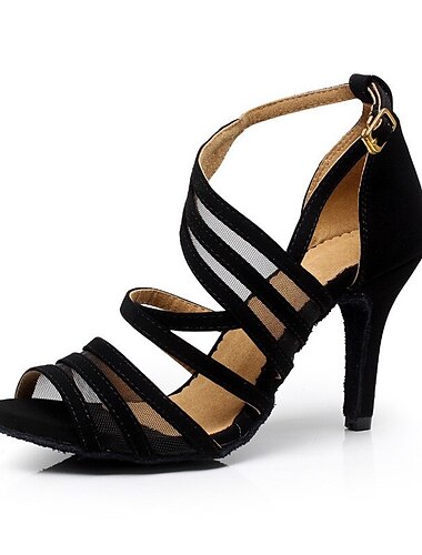  Mujer Zapatos de Baile Latino Salón Zapatos de Salsa Baile en línea Entrenamiento Satén Sandalia Tul Tacón alto Hebilla Tira de tobillo Negro