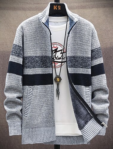  Herr Tröja Kofta Blixtlåströja Tröja jacka Fleece tröja Sticka Stickat Färgblock Hög krage Stylish Utomhus Hem Kläder Vinter Höst Blå Mörkgrå M L XL