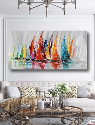  olieverfschilderij handgemaakte handgeschilderde muur kunst moderne zeegezicht zeilboten zonsopgang rivier woondecoratie decor uitgerekt frame klaar om op te hangen