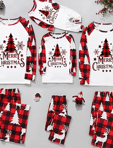  Familiestil Julefamiliepyjamas Pyjamas Ruter Bokstaver Sport Trykt mønster Rød Langermet Grunnleggende Matchende antrekk