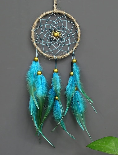  Traumfänger handgemachtes Geschenk blaue Feder hängende Perlen Wandbehang dekorative Kunst Boho-Stil 11*40cm