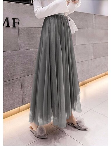  Damenrock&amp;Kleid Swing Tutu langer Rock Maxiröcke plissiert mehrlagig Tüll einfarbig Street Ball Sommer elegant Vintage schwarz rosa khaki beige