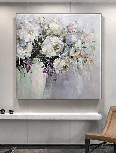  Handgefertigtes Ölgemälde auf Leinwand, Wandkunst, Dekoration, abstrakte Blumenmalerei, weiße Pfingstrosen für Wohnkultur, gerollt, rahmenlos, ungedehnt