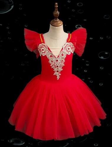  Barndanskläder Balett Tutuklänning Klänning Strass Spets Broderad Flickor Prestanda Träning Remmar Hög Maska Elastan