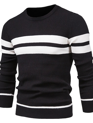  Herre Bluse Pullover trøje Strikke Strikket Stribet Rund hals Stilfuld udendørs Hjem Tøj Efterår Vinter Sort Blå S M L
