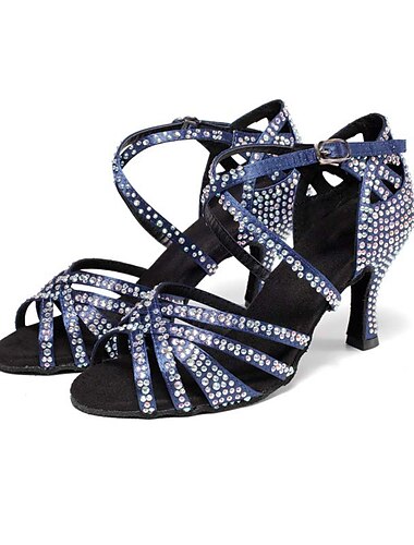  Damen-High-Heels mit Strasssteinen für Gesellschaftstanz – lateinamerikanische Salsa-Riemchenschuhe mit Wildledersohle, perfekt für Auftritte und Tanzwettbewerbe