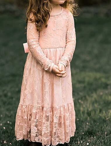  Kids Girls' Flower Girl Dress Dress Solid Colored Long Sleeve Wedding Party Daily Lace Mesh Embroidered Cute Princess Cotton Maxi A Line Dress Tulle Dress Fall Winter 3-12 Years White Beige