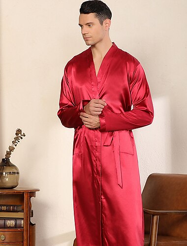  Herren Übergröße Schlafanzug Morgenmantel Seidenrobe Schlafanzüge Einfarbig Modisch Luxus Heim Bett Spa Kunstseide Satin Komfort Langarm Winter Herbst Schwarz Weinrot