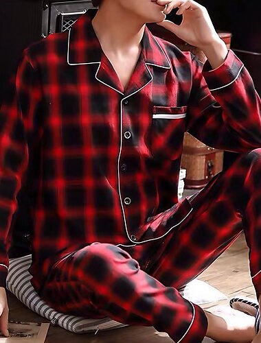  Hombre Pijamas Ropa de salón Conjuntos Pijama Cuadrícula / Cuadros Moda Sencillo Confort Hogar Cama Algodón Diseño Manga Larga Pantalón Primavera Otoño Azul Piscina Gris Oscuro