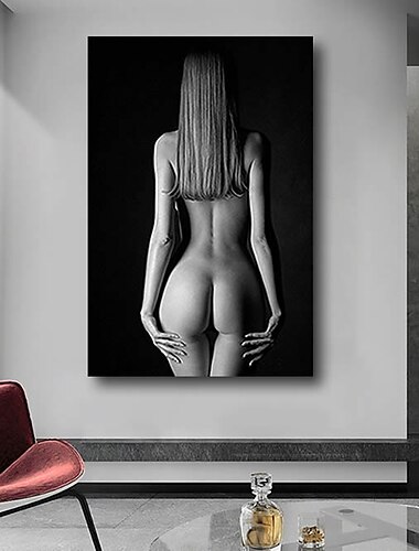  Impresión de lienzo estirada pintura moderna abstracta art deco de pared grande negro blanco chica desnuda dama lista para colgar