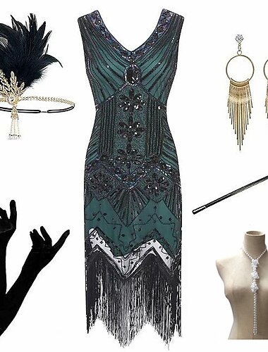  Glada 20-talet 1920-talet Cocktail klänning Knälång Flapper-klänning Klänningar Kläder Den store Gatsby charleston Plusstorlekar Tofs Fjäder Dam Karnival Nyår Maskerad Fest Återföreningsfest