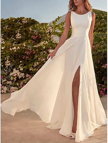  Einfache Brautkleider in A-Linie, U-Ausschnitt, ärmellos, bodenlang, Chiffon-Brautkleider mit geteilter Vorderseite 2024