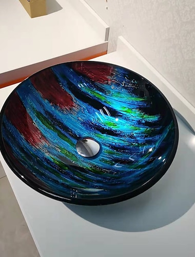  lavabo rotondo in vetro temperato con grana dell'albero di colore rosso e blu senza rubinetto supporto per lavabo con rubinetto a cascata adatto