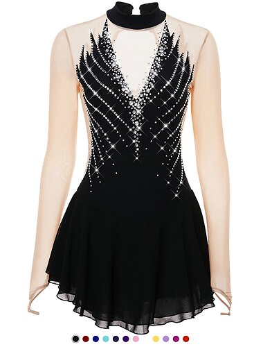  Eiskunstlaufkleid Damen Mädchen Eislaufen Kleider Austattungen Schwarz Gelb Dunkellila Rückenfrei Gitter Spandex Hochelastisch Professionell Wettbewerb Eiskunstlaufkleidung Kristalle Langarm