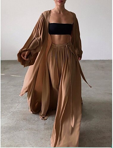  Damen Sexy Boho Hemd Baumwoll-Leinen-Sets Zweiteilige Sets Langarm Puffärmel Einfach Ausgehen Strand Schwarz Weiß Kamel Herbst Winter Lässiger Schnitt