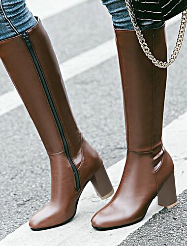  bottes marron hautes pour femmes avec fermeture éclair latérale et talons épais - chaussures d'automne et d'hiver élégantes et polyvalentes