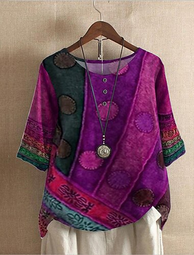  Leinenhemd für Damen in Übergröße, Boho-T-Shirt, T-Shirt, Streetwear, lässig, Farbblock, Streifendruck, halbe Ärmel, normale Oberteile, Rundhalsausschnitt, Alltag, Sport, Wochenende, Rot, Blau, Lila,
