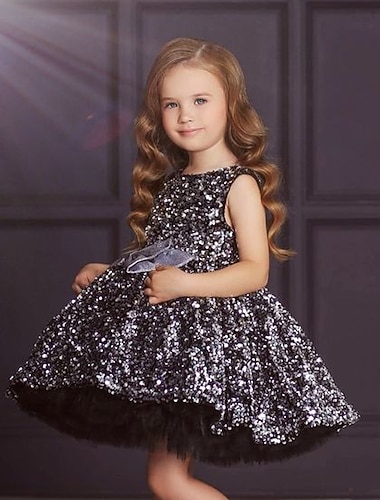  Kinderen Voor meisjes Jurk Effen Mouwloos Feest Verjaardag Pailletten Netstof Strik leuke Style Prinses Polyester Maxi A lijn jurk Tule-jurk Zomer Herfst 3-12 jaar Zilver blauw Bruin