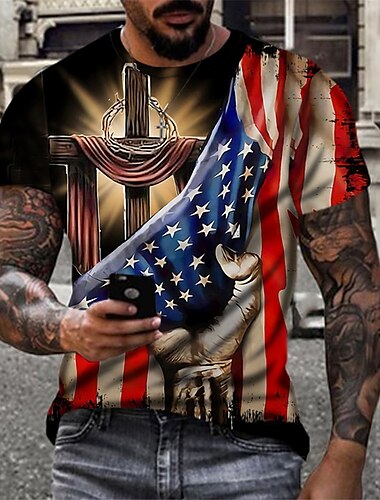  退役軍人の日 メンズ パトリオット 愛国者 ベテラン クロス 国旗 Tシャツ 愛国者 シャツ 短袖 Tシャツ 3D プリント ラウンドネック シャツ ビンテージ スポーツ ファッション アウトドア ストリート カジュアル A B C 夏