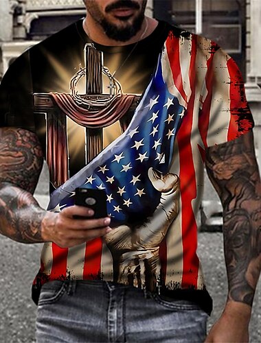  Homme T shirt Tee chemises patriotiques Croix Drapeau National Col Rond A B C D Impression personnalisée 3D effet Extérieur Plein Air Manche Courte Imprimer Vêtement Tenue Rétro Vintage Sportif Mode