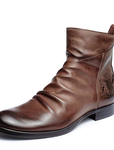  Botines de piel sintética marrón para hombre con escudo en relieve, estilo vintage clásico para ocasiones formales e informales
