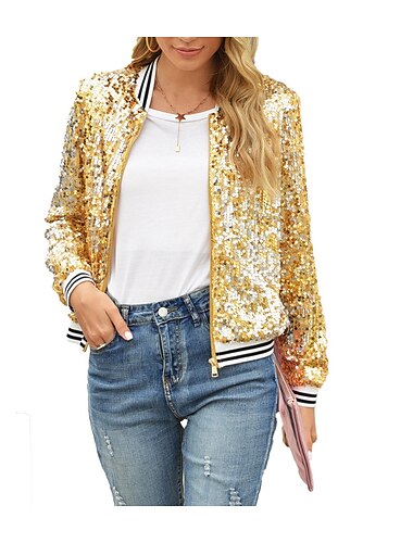  Chaqueta bomber para mujer con lentejuelas brillantes, chaqueta universitaria, fiesta de boda, diario, primavera, otoño, ajuste regular, resistente al viento, cálida, activa, elegante, informal,