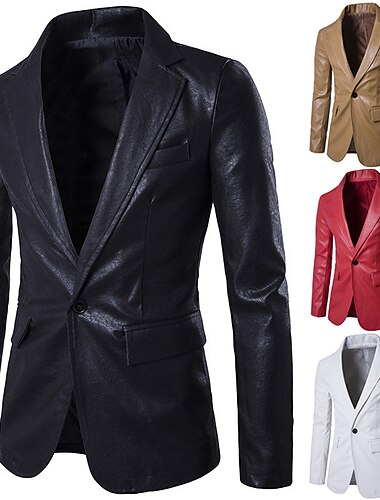  Voor heren Jas Jas van imitatieleer Blazer Bruiloft liiketoiminta Thermisch Warm Regenbestendig Zak Herfst Effen Kleur Zakelijk Elegant Strijkijzer Normaal Imitatieleer Normale pasvorm Zwart Wit Rood