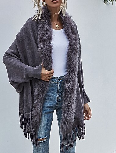  Damen Mantel Umhang / Umhänge Strasse Täglich Valentinstag Winter Herbst Standard Mantel V Ausschnitt Regular Fit warm halten Atmungsaktiv Jacken Langarm Feste Farbe Quaste Schwarz Rosa Khaki