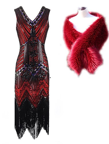  Loucos anos 20 Anos 20 Vestido Coquetel Vestido melindroso Vestidos Roupa Normal Sem Mangas O Grande Gatsby charleston Tamanhos Grandes Paetês Franjas Lantejoula Decote V Fantasia Mulheres Natal Ano