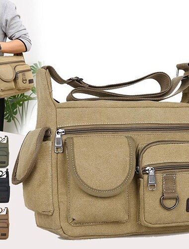  pánská plátěná crossbody messenger taška s mnoha kapsami – odolná taška přes rameno pro cestování, práci i běžné nošení