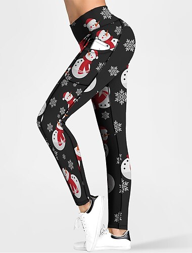  Dame Yogabukser Sidelommer Rumpeløft Midjekontroll Høy Midje Treningsøkt Løp Trening Avskårede tights Jul god jul Svart Høst sport Sportsklær Høy Elastisitet