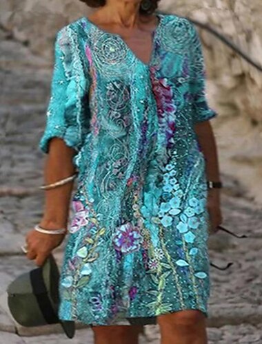  Damen-Kleid in Übergröße, kurvenreich, Freizeitkleid, Etuikleid, Midikleid, bedruckt, V-Ausschnitt, bedruckt, halbe Ärmel, Herbst, Frühling, Arbeit, lässig, knielanges Kleid, tägliches Date-Kleid