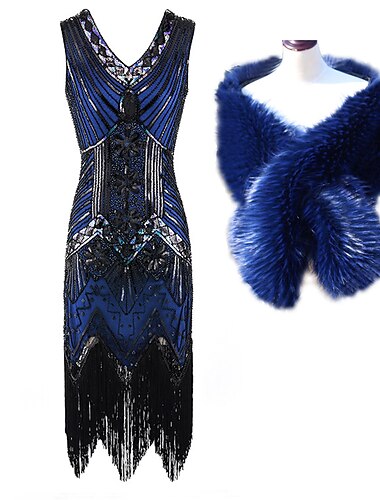  Goldene Zwanziger 1920er Cocktailkleid Flapper Kleid Kleid Outfits Ärmellos Der große Gatsby Charleston Übergrössen Pailletten Quastenfransen Pailletten V Ausschnitt Normal Damen Weihnachten Neujahr