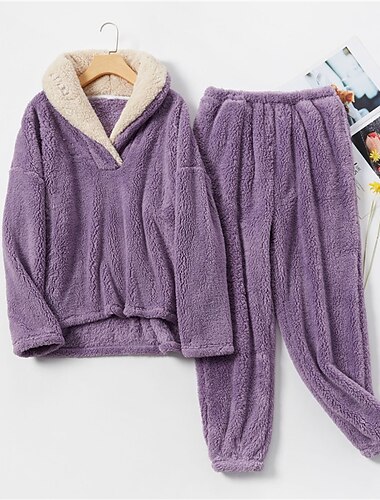  pyjama femme pyjamas ensembles 2 pièces couleur pure mode peluche confort maison vacances polaire v fil manches longues pull pantalon taille élastique automne hiver tenues pour la maison