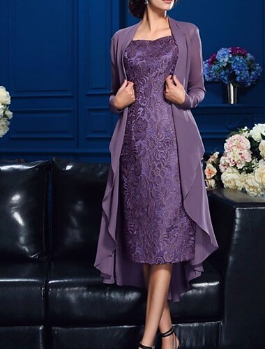  Zweiteiliges Kleid für die Mutter der Braut Elegant Juwel Ausschnitt Knie Länge Chiffon Spitze Lange Ärmel Jacke Kleider mit Applikationen 2025 freie Maßanfertigung