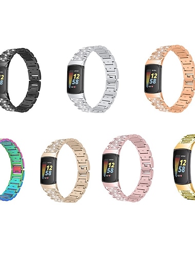  Ремешок для часов для Фитбит Charge 5 Нержавеющая сталь Замена Ремень Блестящий бриллиант Ювелирный браслет Браслет