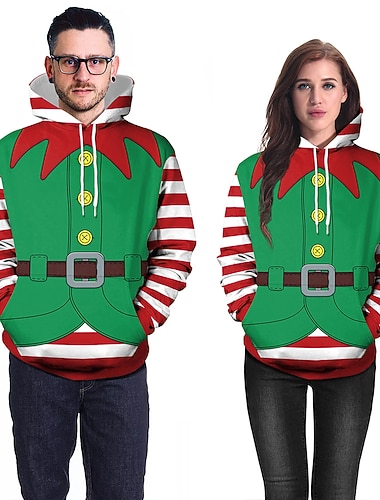  Elf Weihnachtsstrickjacke Kapuzensweatshirt Elfenkostüm Pullover Paar Herren Damen Weihnachten Spezialmodell 3D-Druck Muster Erwachsene Weihnachten Karneval Maskerade Weihnachten Urlaub Party Oberteil