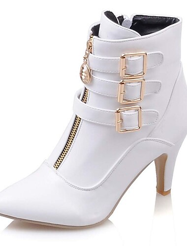  Botines de tacón alto de moda para mujer con hebillas y cremallera: elegantes botas de tacón de aguja de piel sintética para otoño e invierno